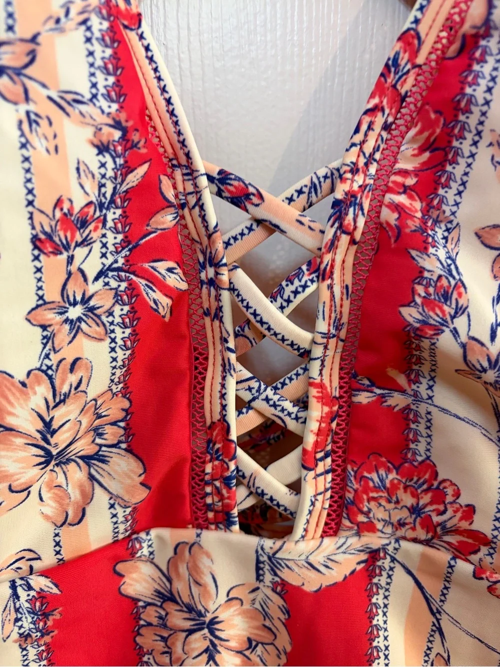 Vintage Kate Spade One Piece Red, Peach, & White Stripes with Floral Motif - L